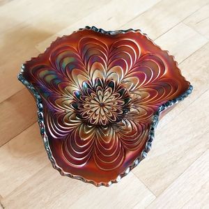 Fenton Marigold Carnival Glass Peacock Tail Tri-Corner Bowl 6" Wide